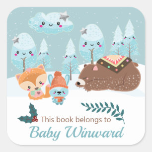 Winter-Waldtiere Baby-Bibliotheks-Exlibris Quadratischer Aufkleber