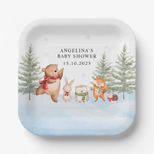 Winter-Waldtiere-Baby-Party Pappteller (Vorderseite)