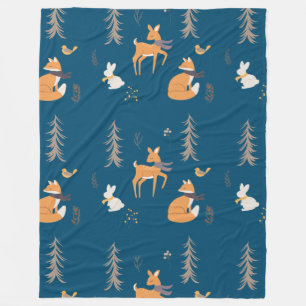 Winter-Waldtiere-Folk-Art-Blau Weihnachten Fleecedecke