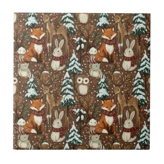 Winter-Waldtiere-Weihnachtsmuster Fliese (Vorderseite)