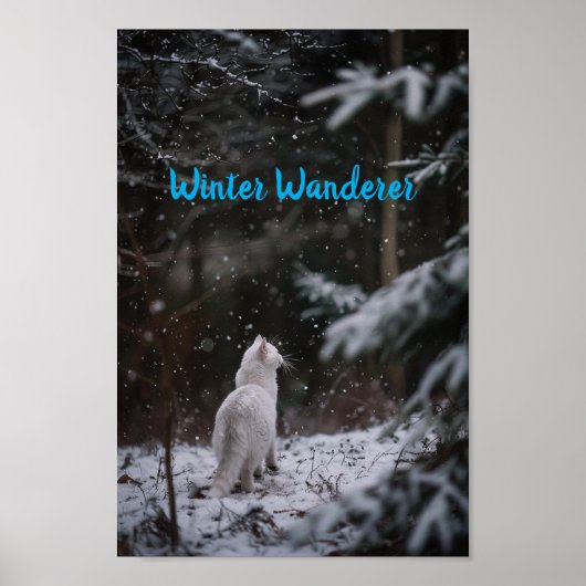 Winter Wander: Weiße Katze im Schnee Poster (Vorne)