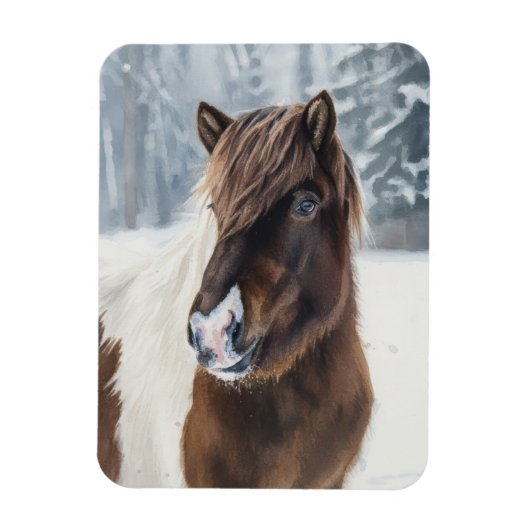 Winter Warmth – Icelandic Horse Watercolor Magnet (Vertikal)