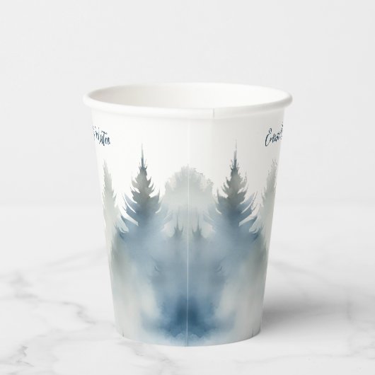 Winter Wasserfarbe Blaue Pinienwälder Hochzeit Pappbecher (Rechts)