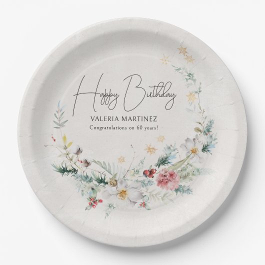 Winter Wasserfarbe Blume Schneeflocke 60. Geburtst Pappteller (Vorderseite)