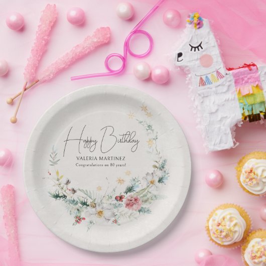 Winter Wasserfarbe Blume Schneeflocke 80. Geburtst Pappteller (Party)