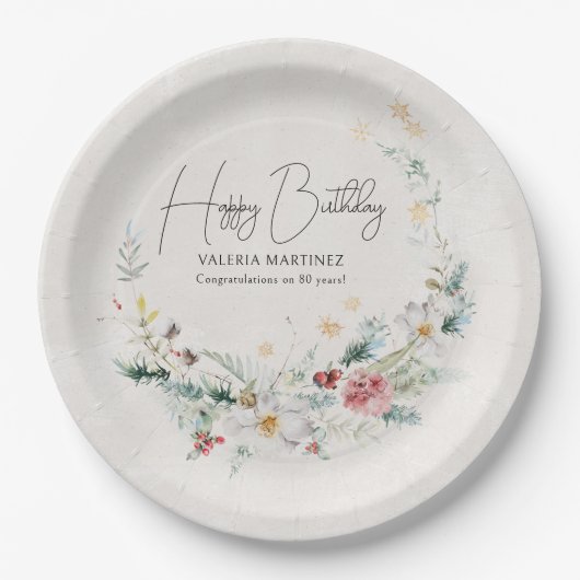 Winter Wasserfarbe Blume Schneeflocke 80. Geburtst Pappteller (Vorderseite)