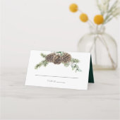 Winter Wasserfarbe Evergreen Pine Cone Hochzeit Platzkarte (Vorderseite)
