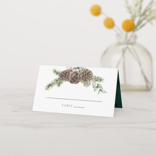 Winter Wasserfarbe Evergreen Pine Cone Hochzeit Platzkarte (Vorderseite)