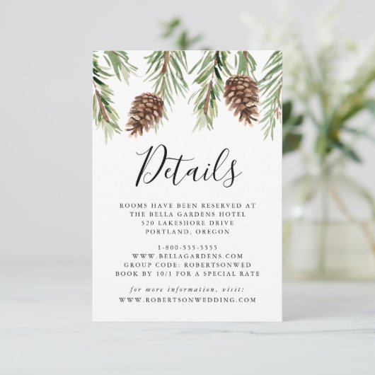 Winter Wasserfarbe Pinecone Hochzeit Details Begleitkarte (Stehend Vorderseite)