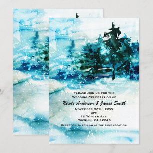 Winter-Wasserfarbe Schnee Wald Kiefern Hochzeit Einladung
