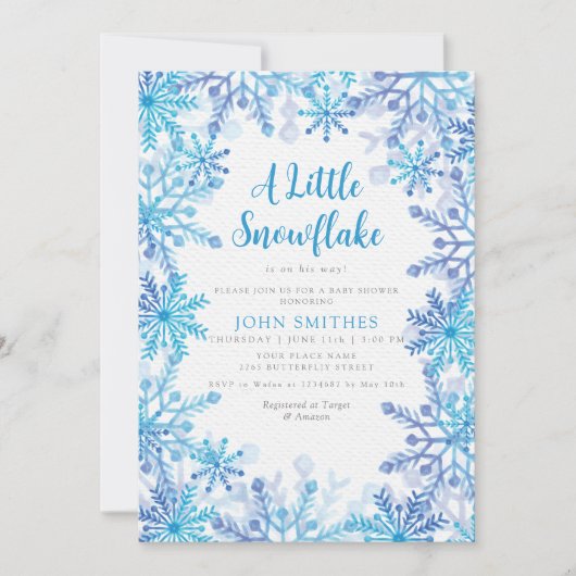 Winter Wasserfarbe Schneeflocke Sprinkle Babydusch Einladung (Vorderseite)