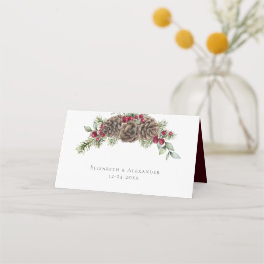 Winter Wasserfarben Botanische Kiefernkirche Hochz Platzkarte (Rückseite)