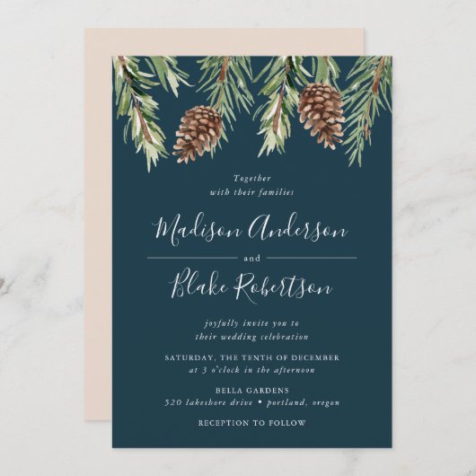 Winter Wasserfarben-Kiefernkiefer Hochzeit der Mar Einladung (Vorne/Hinten)