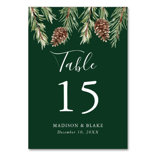 Winter Wasserfarben Pine Cone Grüne Hochzeit Tischnummer (Vorderseite)