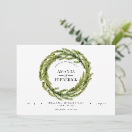 Winter Wasserfarben Pine Hochzeit Einladung (Stehend Vorderseite)