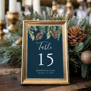 Winter-Wasserfarben-Tannenzapfen-Navy-Hochzeit Tischnummer