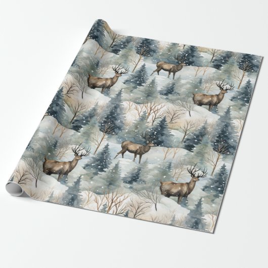 Winter-Wasserfarben-Waldhirsche (1) Geschenkpapier (Ungerollt)