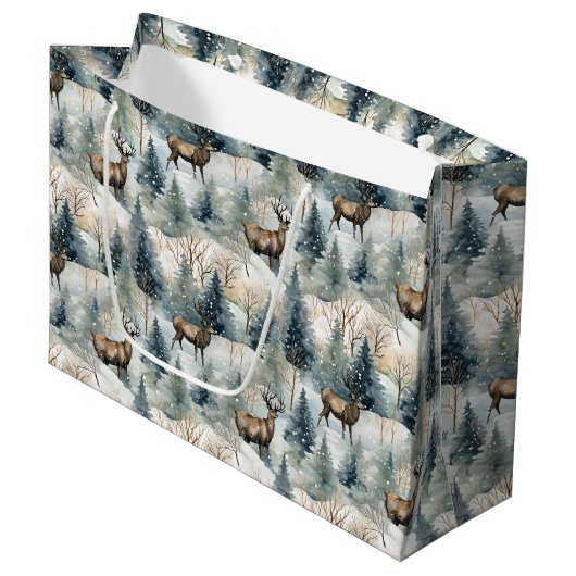 Winter-Wasserfarben-Waldhirsche (1) Große Geschenktüte (Vorderseite Schrägansicht)