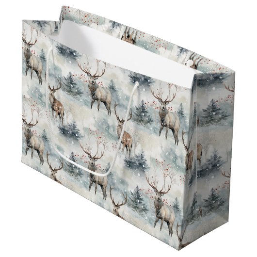 Winter-Wasserfarben-Waldhirsche (4) Große Geschenktüte (Vorderseite Schrägansicht)