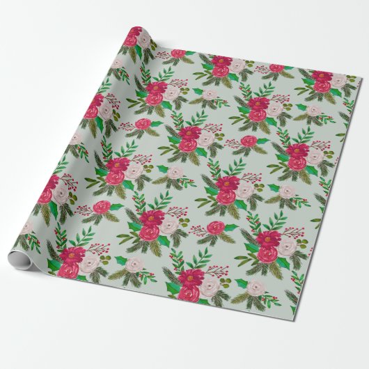 Winter Wasserfarbenflora Muster auf hellgrün Geschenkpapier (Ungerollt)