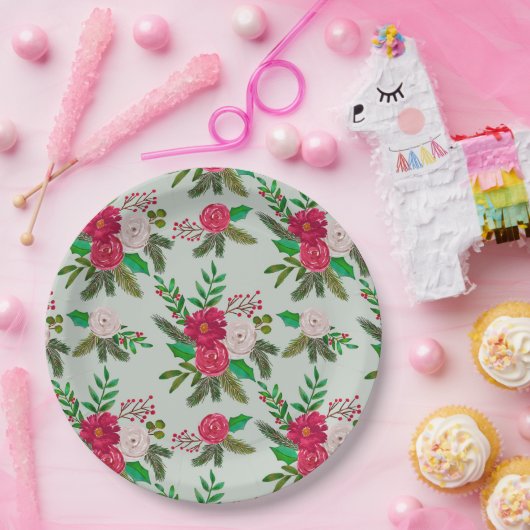 Winter Wasserfarbenflora Muster auf hellgrün Pappteller (Party)