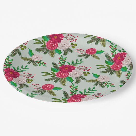 Winter Wasserfarbenflora Muster auf hellgrün Pappteller (Schrägansicht)