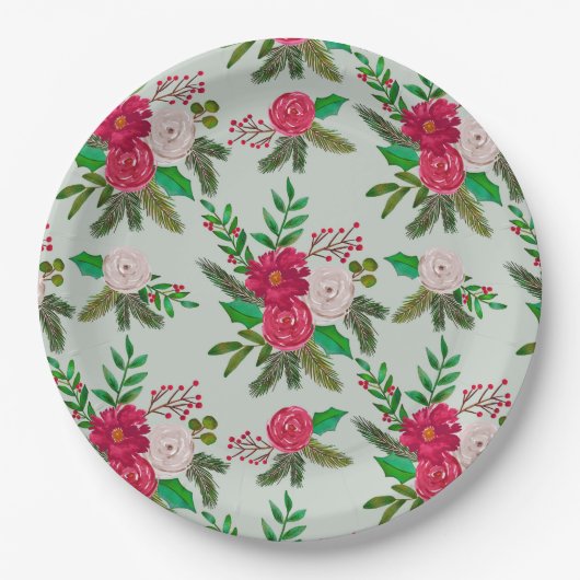 Winter Wasserfarbenflora Muster auf hellgrün Pappteller (Vorderseite)