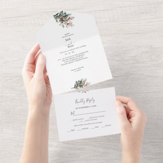 Winter-Wasserfarbenhochzeit All In One Einladung (Abreißen)