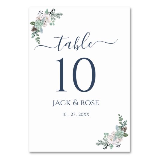 Winter-Wasserfarbenhochzeit Tischnummer (Vorderseite)