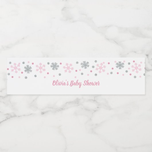 Winter Wasserflaschen Labels Rosa Silberschneefloc Wasserflaschenetikett (Einzelnes Label)