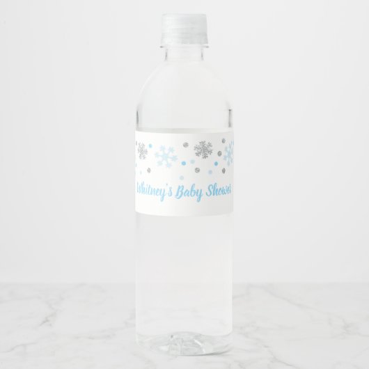 Winter Water Flasche Labels Blue Silver Snowflakes Wasserflaschenetikett (Vorderseite)