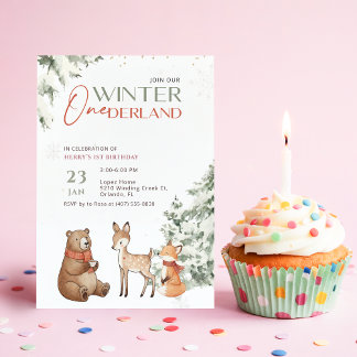 Winter Watercolor Animal Onederland First Birthday Einladung