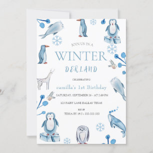 Winter Watercolor Arctic Animals 1. Geburtstag Inv Einladung