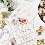 Winter Watercolor Blume 60. Geburtstagsparty Einladungspostkarte<br><div class="desc">Rot-weiße Blume in den Aquarellen sind in sanften, grünen Blätter und Blättern eingebettet. Schneeflocken aus Gold sorgen für eine festliche Touch. Ein elegantes, einfaches und modernes Drehbuch verleiht ihm eine offene und luftige Atmosphäre. Im hinteren Teil des Hauses befindet sich ein Blumenkochett, Ihre Rücksendeadresse und Ihr Platz, um die Informationen...</div>