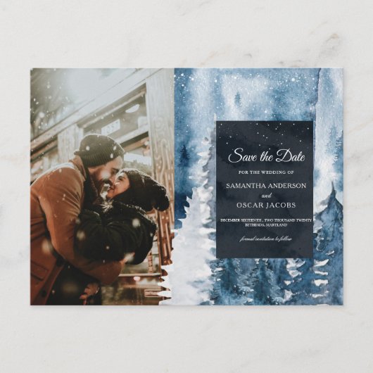 Winter Watercolor Forest & Navy Blue & White Annou Ankündigungspostkarte (Vorderseite)