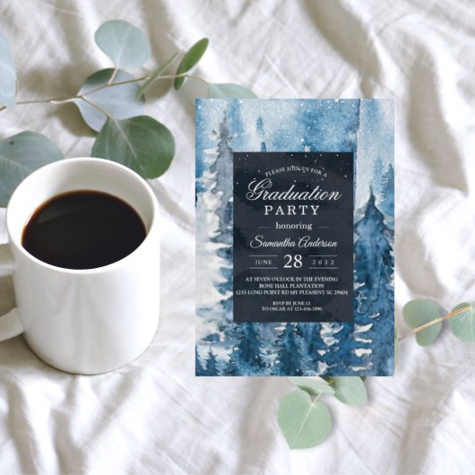 Winter Watercolor Forest & Navy Blue & White Invit Einladung