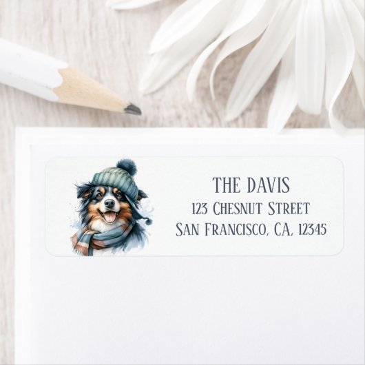 Winter Watercolor Hat Scarf Australian Shepherd - (Insitu)