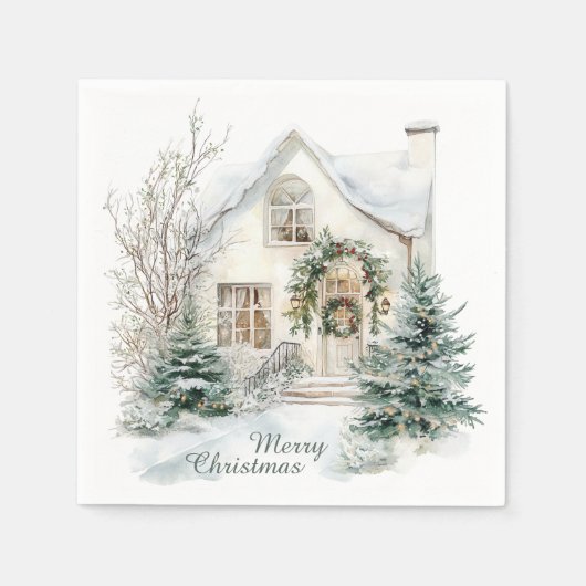 Winter Watercolor Holiday House Christmas Serviette (Vorderseite)