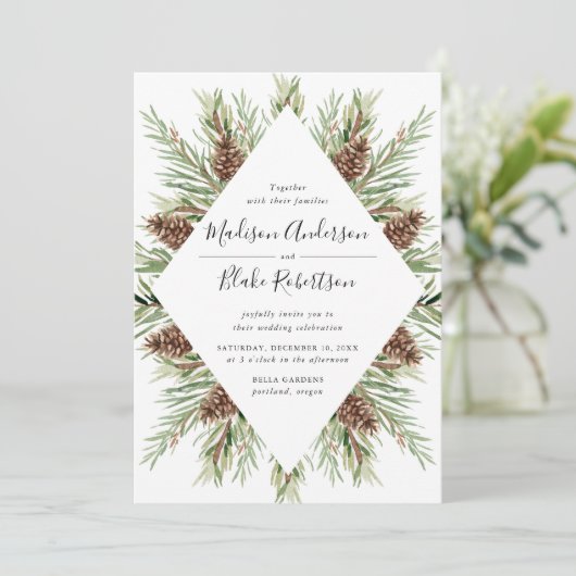 Winter Watercolor Pine Cone Frame Wedding Einladung (Stehend Vorderseite)