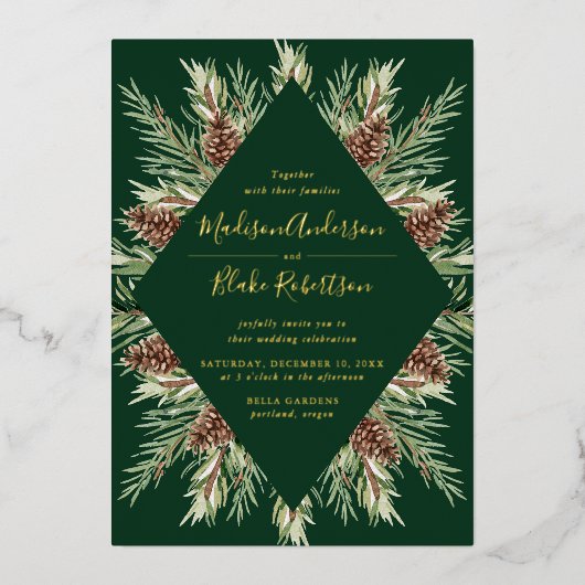 Winter Watercolor Pine Cone Frame Wedding Folieneinladung (Vorderseite)
