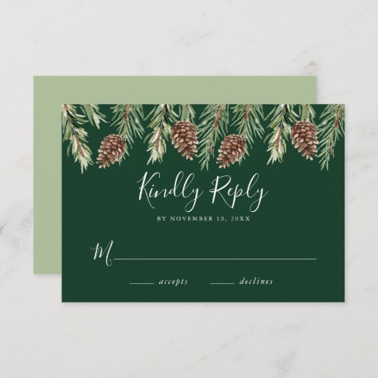 Winter Watercolor Pine Cone Wedding RSVP Begleitkarte (Vorne/Hinten)
