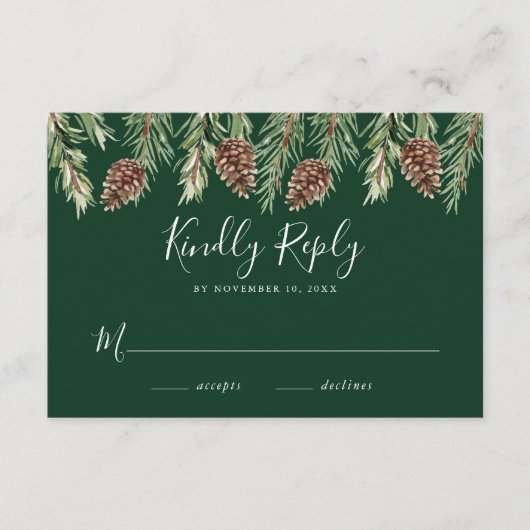Winter Watercolor Pine Cone Wedding RSVP Begleitkarte (Vorderseite)
