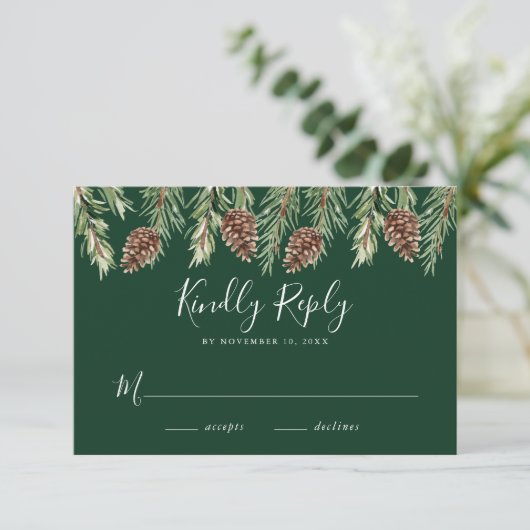 Winter Watercolor Pine Cone Wedding RSVP Begleitkarte (Stehend Vorderseite)