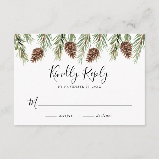 Winter Watercolor Pine Cone Wedding RSVP Begleitkarte (Vorderseite)