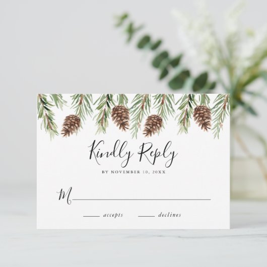 Winter Watercolor Pine Cone Wedding RSVP Begleitkarte (Stehend Vorderseite)