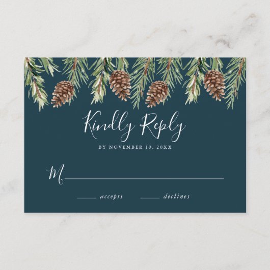 Winter Watercolor Pine Cone Wedding RSVP Begleitkarte (Vorderseite)