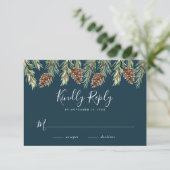 Winter Watercolor Pine Cone Wedding RSVP Begleitkarte (Stehend Vorderseite)