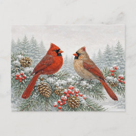 Winter Watercolor Red Cardinal Pair on Snowy Pine Feiertagspostkarte