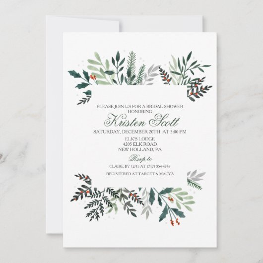 Winter Watercolor Wreath Bridal Dusche Einladung (Vorderseite)