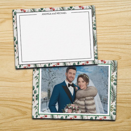 Winter Wedding Berries Sage Photo Thank You Card Mitteilungskarte